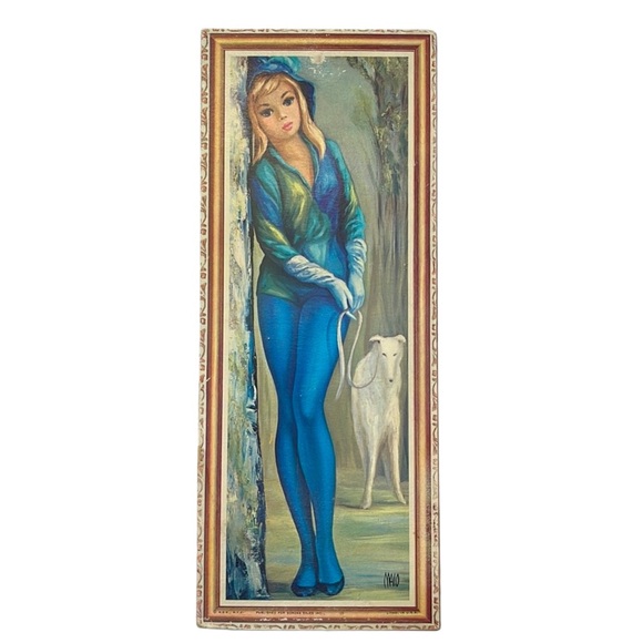 Mid Century Art :: Harlequin Blonde Woman With White Dog :: Artist Jean Maio - Picture 2 of 12